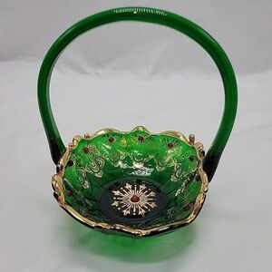 Vintage Emerald Green Bohemian Glass Red Beaded Gold Gilded 6 Inch Tall Basket